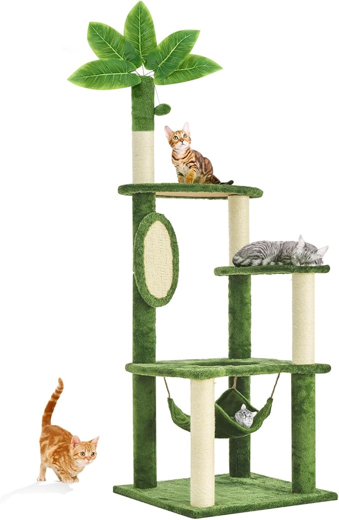 55 Inch Large Cat Tree Tower for Indoor Cats with Hammock Green Leaves Sisal Scratching Post, Plush Hang Ball Play Furniture for Kittens & Adult Cats,New Green-PawvioPets