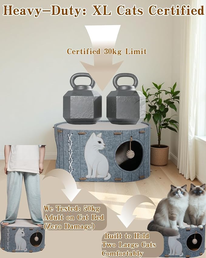2-in-1 Large Cat House for Indoor Cats, Felt Cat Cave with Cushion, Dual Entrances & Sisal Ball Toy, Enclosed Bed for Large Cats or Multi-Cat Use, Supports 88 lbs-PawvioPets
