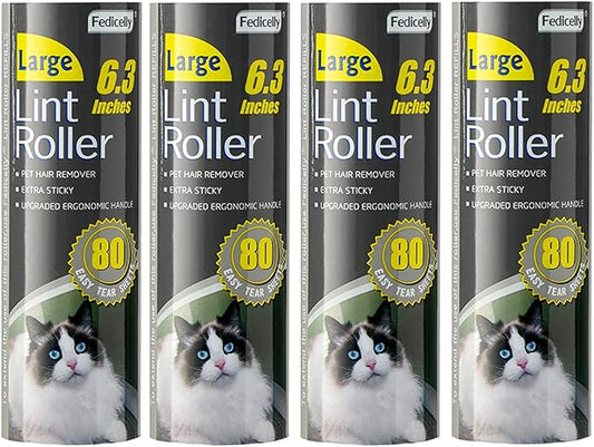 Fedicelly Large Lint Rollers Pet Hair Extra Sticky Refills,Mega Value Set 6.3 inches Wider with 320 Sheets for Cat and Dog Hair Removal,80 Sheets Per Roller-PawvioPets