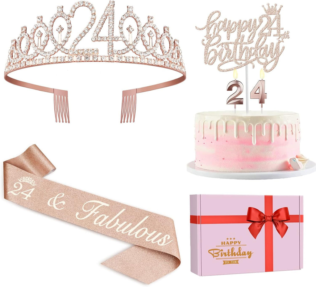 24th Birthday Decorations for Women Including Birthday Sash, Tiara/Crown, Numeral Candles and Cake Topper, 24 Year Old Gifts for Women, Rose Gold Party Decor Supplies