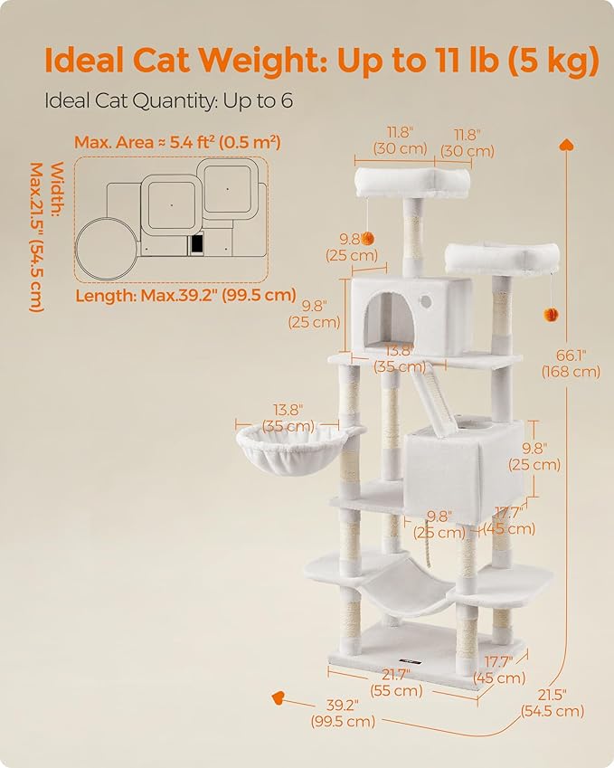 Feandrea Cat Tree, 66.1-Inch Large Cat Tower with 13 Scratching Posts, 2 Perches, 2 Caves, Basket, Hammock, Pompoms, Multi-Level Plush Cat Condo for Indoor Cats, Cream White UPCT165T01-PawvioPets