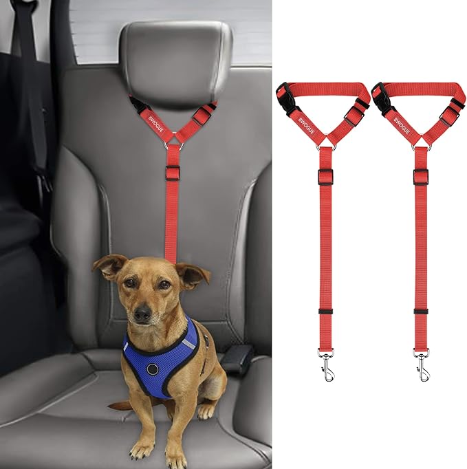 BWOGUE 2 Packs Dog Cat Safety Seat Belt Strap Car Headrest Restraint Adjustable Nylon Fabric Dog Restraints Vehicle Seatbelts Harness Red-PawvioPets