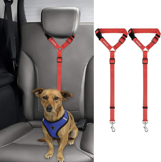 BWOGUE 2 Packs Dog Cat Safety Seat Belt Strap Car Headrest Restraint Adjustable Nylon Fabric Dog Restraints Vehicle Seatbelts Harness Red-PawvioPets