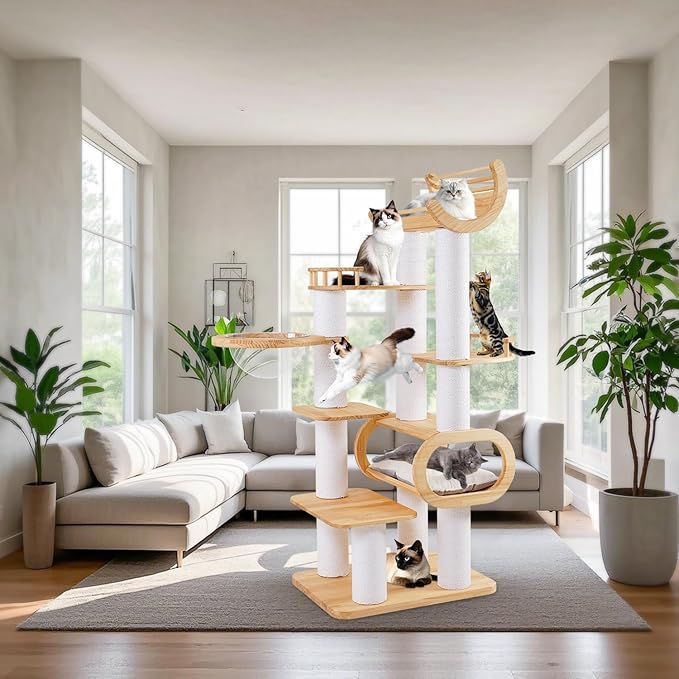74.8" Modern Cat Tree for Indoor Cats, Tall Wood Cat Tower with Scratching Post, Heavy Duty Luxury Condo with Removable Mats, Multi-Level Cat Furniture for Cats-PawvioPets