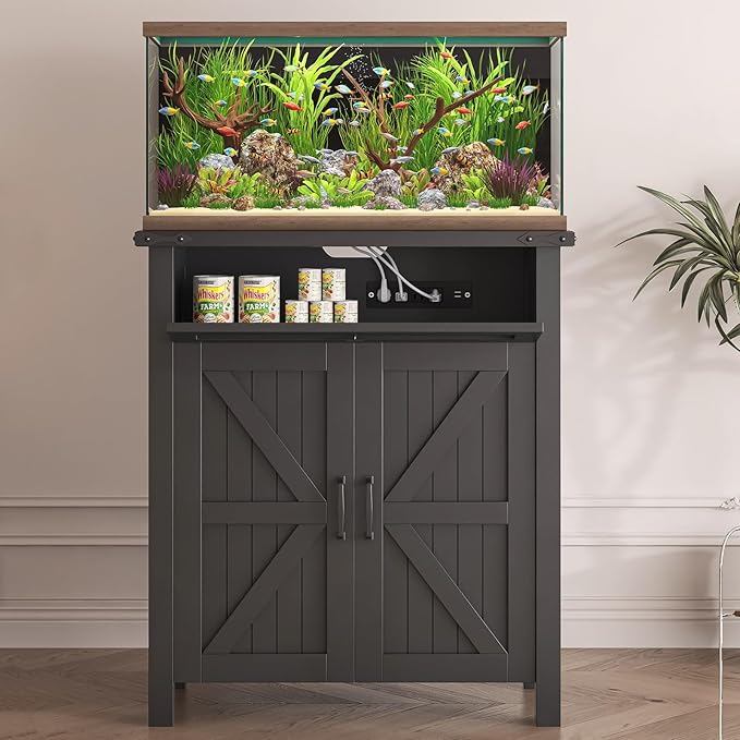 20 Gallon Aquarium Stand With Charging Station, Farmhouse Fish Tank Stand, Reptile Tank Stand Terrarium Stand with Drawer and Cabinet Storage, Sturdy Heavy Duty 27.6"×15.7" Tabletop - Black-PawvioPets