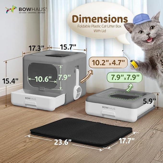 Foldable Cat Litter Box w/Lid, Scoop & Mat, Drawer Design Cat Toilet for Kitten, Two-Way Entry Kitty Litter Box, Odor Control & Easy to Clean, Dark Grey-PawvioPets