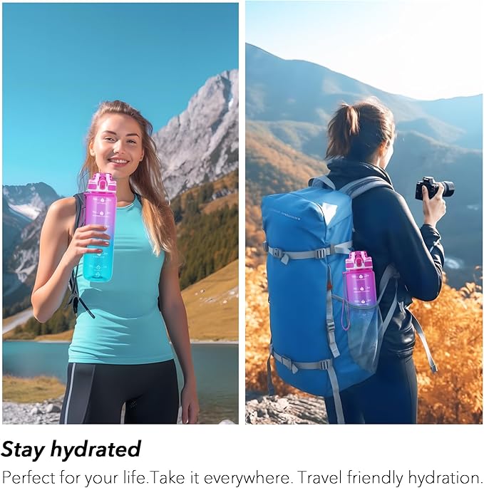 32oz Motivational Water Bottles with Time Marker & Fruit Strainer, Transparent Gradient Color Water Bottle with Times to Drink, Leakproof & BPA Free, Reusable Bottle with Strap (No Straw)-PawvioPets