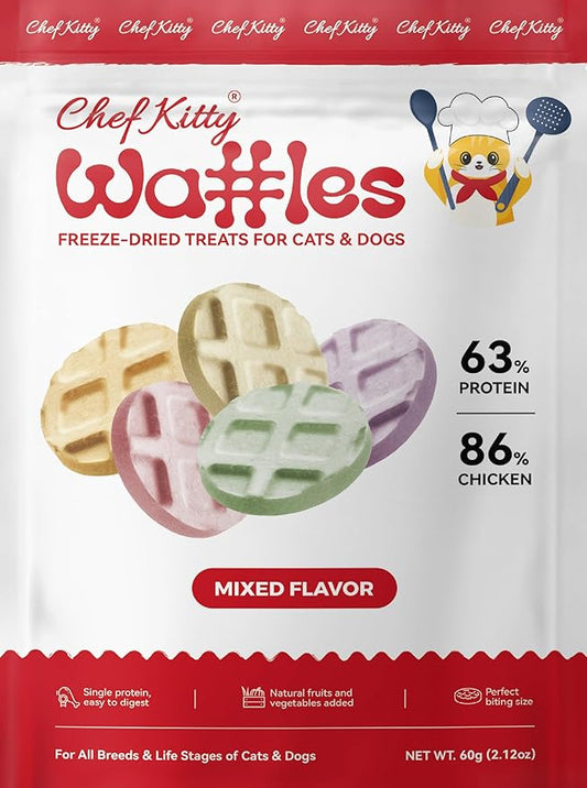 Freeze Dried Chicken Cat & Dog Waffle Treats - Made with Human Grade Chicken Breast & Liver - 5 Natural Flavors - Healthy, Tasty, Dry Food for Indoor Cats, Dogs - Inspected & Tested in USA-PawvioPets