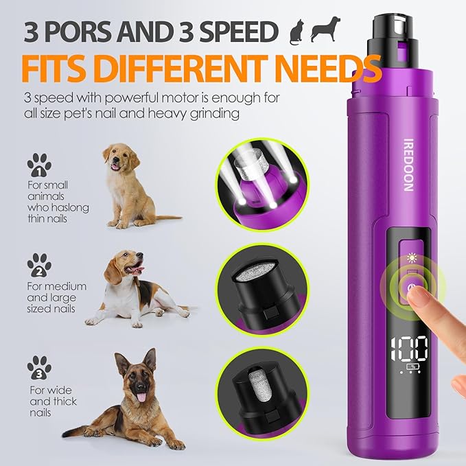 Dog Nail Grinder Upgraded - Professional 3-Speed Super Quiet and Low Vibration Electric Pet Nail Grinder with 4 LED Lights - Painless Paws Grooming & Smoothing for Small to Large Dogs (Purple)-PawvioPets