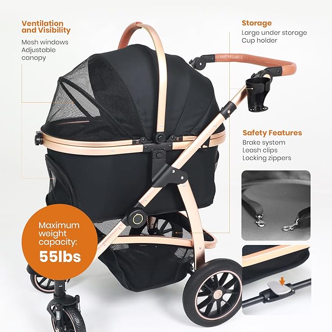 3 in 1 Pet Stroller - Stroller for Small to Medium Dogs and Cats up to 55 lbs, with Detachable Carrier/Car Seat, Foldable and Lightweight, Detachable Cushion + Cup Holder (Black/Gold)-PawvioPets