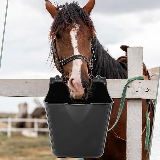 4 Pack 15 Quart Horse Feeders for Stall Hook Over Hanging Fence Hay Feeder Mountable Livestock Plastic Feed Bucket for Farm Stalls Pasture, Stable to Feed Horses Sheep Cattle Cows Etc(Black)-PawvioPets
