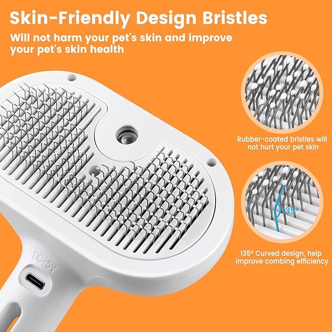 3 in 1 Cat Steam Brush, Pet Steam Brush for Cat Dog Long Short Haired, Pet Spray Hair Removal Comb for Small Animals Shedding & Grooming, Water Mist Spray Brushes with Release Button(White)-PawvioPets
