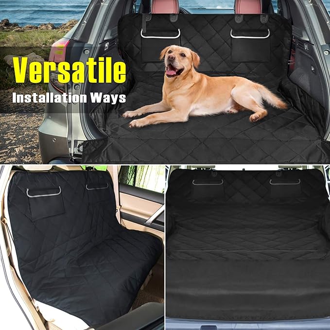 F-color SUV Cargo Liner for Dogs, Waterproof Pet Cargo Cover Dog Seat Cover Mat for SUVs Sedans Vans with 2 Large Pockets, Non-Slip, Large Size Universal Fit, Black-PawvioPets