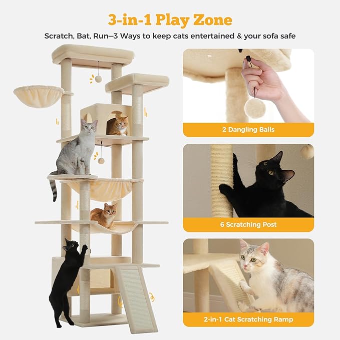 81" Heavy Duty Cat Tree for Large Cats up to 20lbs - Extra Tall Cat Tower with Metal Frame Hammock, 6 Sisal Scratching Posts, 2 Perches - Indoor Cat Furniture for Maine Coon, Big Cats, Beige-PawvioPets