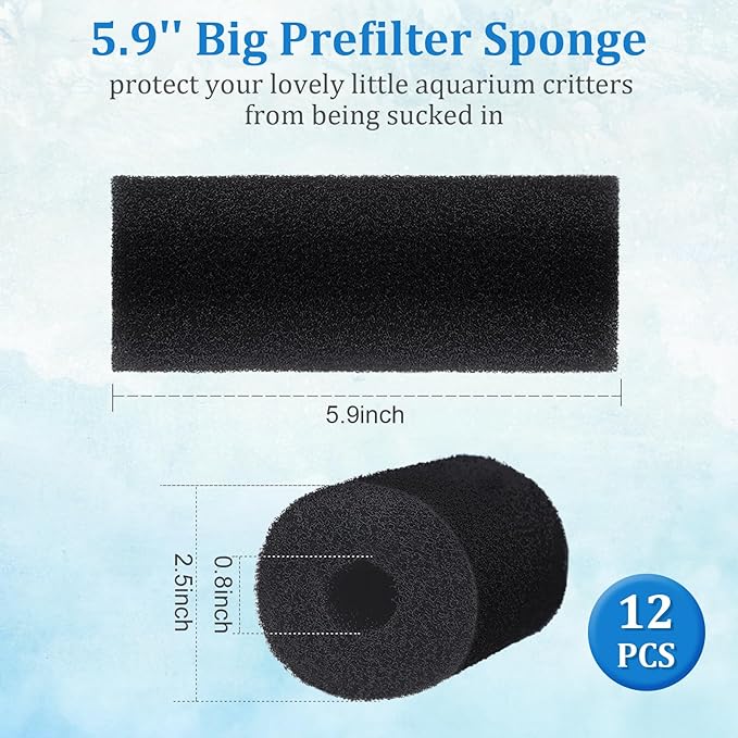 12 Pack 5.9'' Big Pre-Filter Sponge Foam Replacement Filtration Kit for Aquarium, 0.8" Intake Shrimp Fry Fish Tank Filter, Replacement Foam Cover-PawvioPets