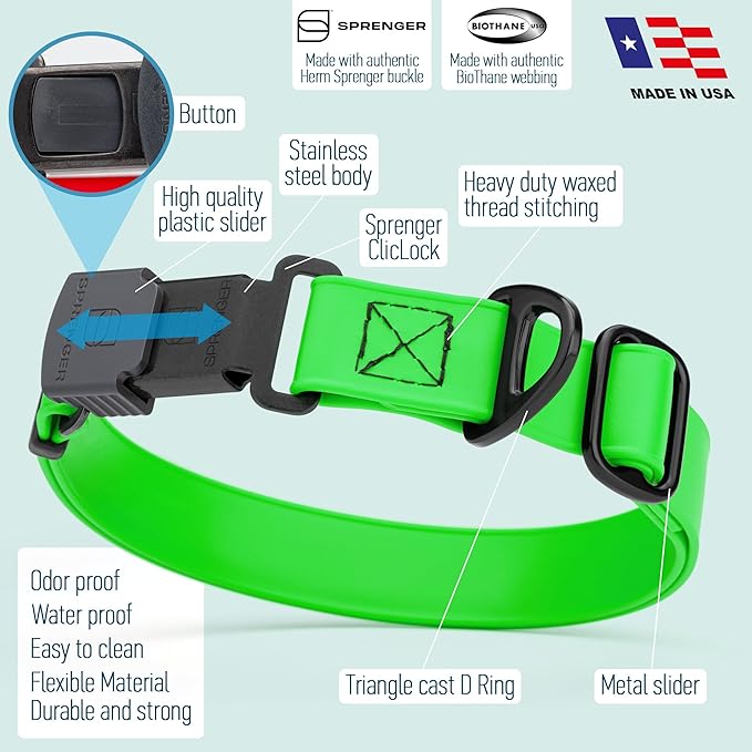 Dogline Biothane Waterproof Dog Collar with Herm Sprenger Stainless Steel Quick Release Buckle – Heavy Duty Tactical Durable Collar for Dogs – Comfortable and Safe Pet Collar, W 3/4" L 12-19", Green-PawvioPets