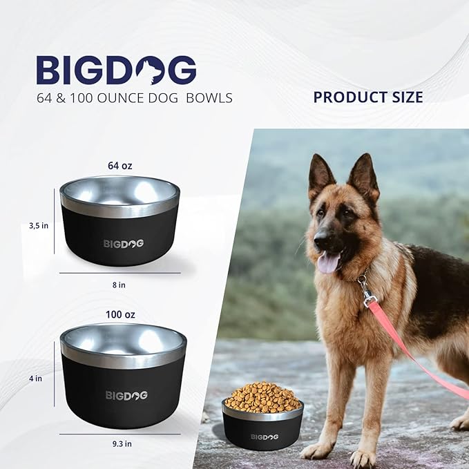 BIGDOG Dog Bowls, Large Dog Bowls, Stainless Steel, No Spill, 64 Ounce, White-PawvioPets