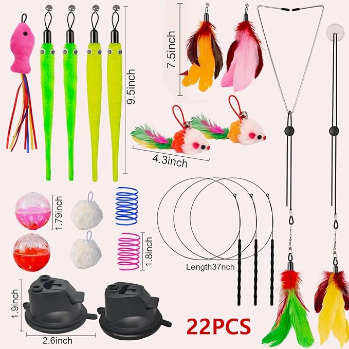 22Pcs 5-in-1 Cat Toys Interactive Cat Toy for Indoor Cats with Sticky Super Suction Cup Detachable Replacements Feathers Balls Mice Spring 3 Wand Hanging Door Kitten Toys-PawvioPets