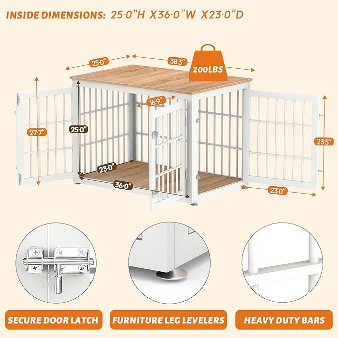 38 Inch Heavy Duty Dog Crate Furniture for Large and Medium Dogs, Decorative Pet House End Table, Wooden Cage Kennel Furniture Indoor, Natural and White-PawvioPets