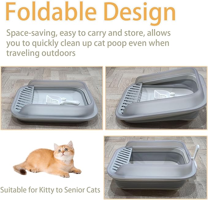 Collapsible Kitten Litter Box, Open Small Cat Litter Box with High Side Shallow Kitten Litter Pan Anti-Splashing Waterproof Low Entry Travel Litter Pan with Falling Sand Pedal-PawvioPets