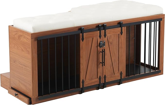 56" L Dog Crate Furniture with Padded Seat, End of Bed Bench Ottoman with Cushion, Wooden Dog Kennel with Pet Stairs & Sliding Barn Door for Bedroom, Living Room, Walnut-PawvioPets