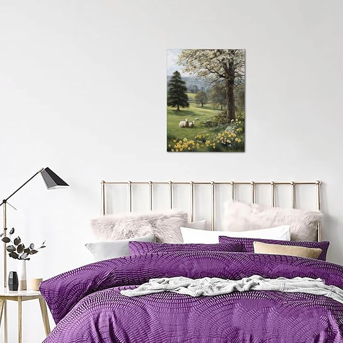 Country Sheep Canvas Wall Decor Farmhouse Rustic Lamb Wildflower Wall Art Nature Countryside Landscape Pictures Painting Print Framed Artwork Decorations for Bathroom Living Room Bedroom 12"x16"-PawvioPets