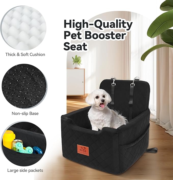 Dog Car Seat for Small/Medium Dogs Under 35lbs,Memory Foam Dog Booster Seats,Detachable and Washable Traval Pet Car Seat,Dogs Bed with 2 Safety Belts(Balck)-PawvioPets