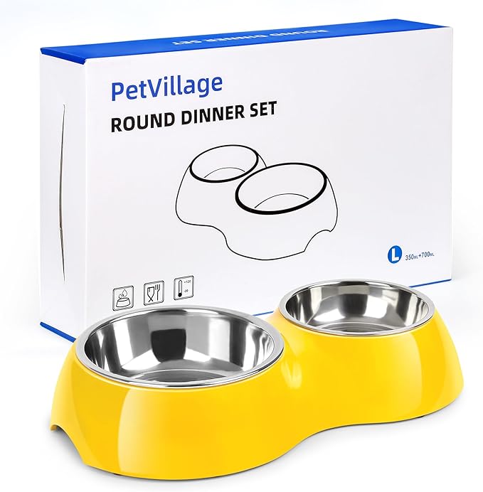 Elevated Dog Bowls Set - Non-Slip Raised Pet Feeder with Medium (2 Cups) & Large (4 Cups) Stainless Steel Bowls - Includes Durable Resin Stand for Puppies, Adult Dogs & Cats - Yellow-PawvioPets