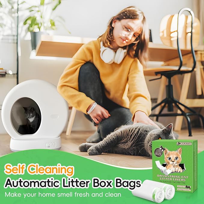 60 Pack Cat Litter Box Liners for Meo Want SC01, MW-SC02, MW-LR01,1.5 Mil Thick Drawstring Heavy Duty Leak-proof Disposable Smart Self-Cleaning Litter Box Robot Waste Drawer Trash Bags 18" x 12.6"-PawvioPets