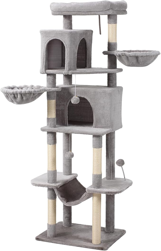70-Inch Cat Tree,Large Cat Tree Tower with Hammock, Scratching Post, Condo and Multi-Level Cat Tower for Large Cats, Cat Activity Center Playhouse, Light Gray LCT016-PawvioPets