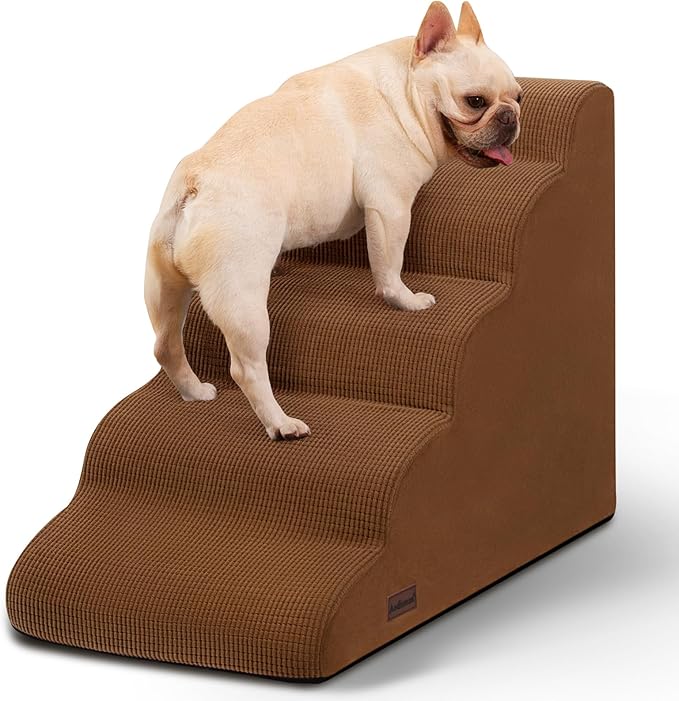 5-Step Dog Stairs and Ramp for High Bed,Non-Slip Sturdy Pet Steps for Small Dogs and Cats,22.2" H,Brown-PawvioPets