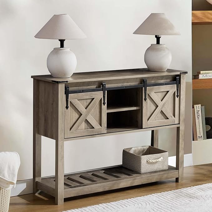 Entryway Table with Storage, Farmhouse Buffet Cabinet Coffee Bar Kitchen Island with Sliding Barn Doors & Shelves, Console Table for Kitchen, Dining Room, Living Room, Grey-PawvioPets