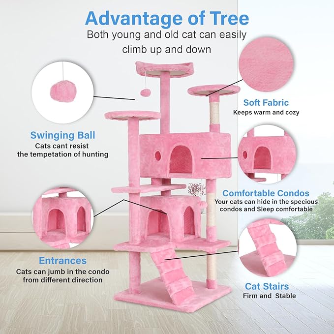 FDW Cat Tree 54in Cat Tower Multi-Level Durable Cat Scratching Post & Cozy Fun Cat Jumping Platform Space Saving Cat Condo Pet Play House for Indoor Cats,Pink-PawvioPets