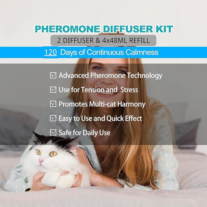 Cat Calming Diffuser, Cat Pheromones Calming Diffuser with 2 Diffuser + 4 Refill 48ml, 6-in-1 Cat Anxiety Relief Cat Pheromone Diffuser Kit 120 Days, Pheromone Diffuser to Calm Cats-PawvioPets