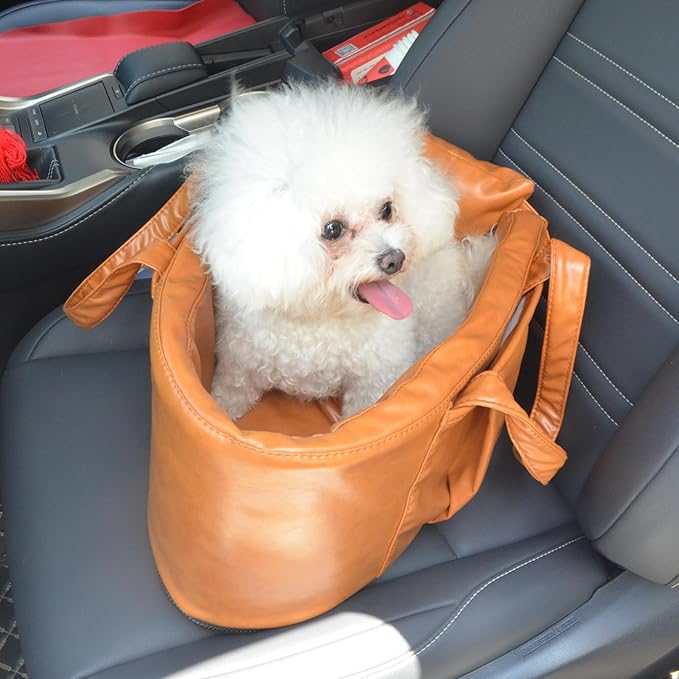 2 and 1 Center Console Dog Car Seat & Carrier for Small Dogs, Large Leather Dog Car Bed with Storage Pocket, Waterproof PVC Leather Seat Travel Bed for Front & Back Seat, Clip-On Safety Leash-PawvioPets