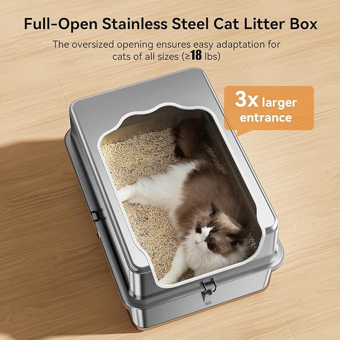 All-Metal 28" Extra Large Stainless Steel Cat Litter Boxes with Lid Metal Cat Litterbox Pan for Big Cats and Multiple Cats, Anti-Leakage, Easy Cleaning, Include Scoop-PawvioPets