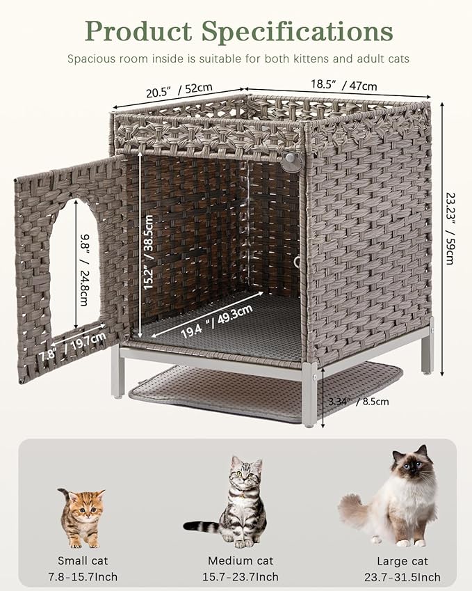 Cat Litter Box Enclosure Hidden Litter Box Furniture with Metal Heightened Feet, Rattan Handwoven Cat House with Litter Mat, Hidden Litter Box Furniture for Bedroom Living Room Gray-PawvioPets