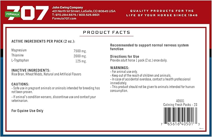 Formula 707 Calming Equine Supplement, Daily Fresh Packs – Anxiety Relief and Enhanced Focus for Horses – L-Tryptophan, Thiamine & Magnesium-PawvioPets