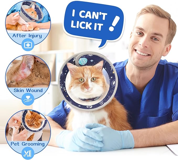 Breathable Air Mesh Cat Cone Collar Soft to Stop Licking, Adjustable, Foldable Lightweight Kitten Cones After Surgery Recovery for Cats & Kittens (Star Blue, L)-PawvioPets