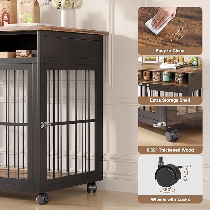 39.4" Dog Crate Furniture for Medium and Large Breed, Dog Kennel Furniture with Storage Shelf & Lockable Wheels, Heavy Duty Wooden End Side Table Pet Cage Indoor, Chew-Resistant, Brown-PawvioPets
