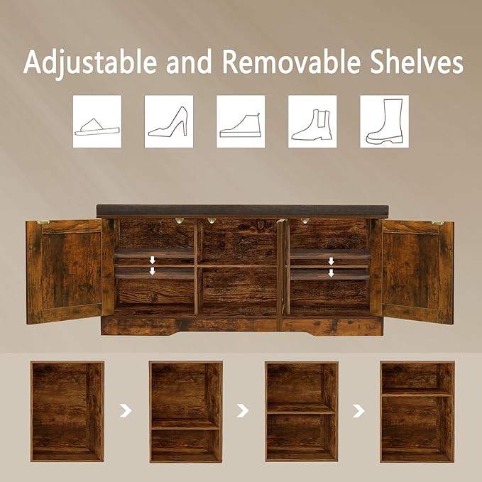 DINZI LVJ Shoe Bench, Entryway Storage Bench with Doors, Cushion, 2-Tier Shoe Rack with 6-Cubby, 39.4”L x 13.8”W Shoe Organizer Cabinet, Adjustable Shelf, Living Room, Bedroom, Rustic Brown-PawvioPets
