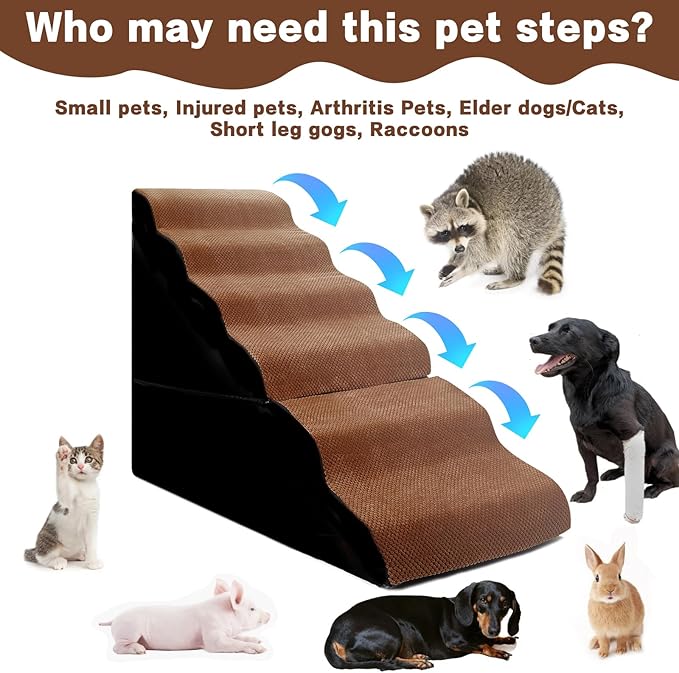 Dog Steps for High Beds 30-32" H - 6-Step Dog Stairs for Small Dogs, 33D Foam Pet Steps for High Bed with Non-Slip Bottom and Washable Cover, Dogs Ramp for Bed Indoor, Brown-PawvioPets