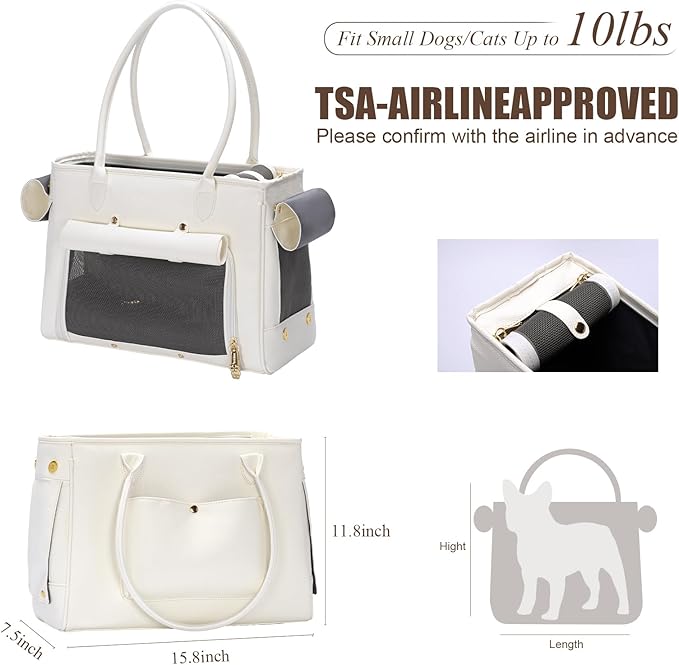 Fashion Pet Carrier Purse for Small Cat and Dog, Luxury Pu Soft-Sided Tote Bag with Large Pockets for Dogs and Puppies (White, 15.8" L x 7.5" W x 11.8" H)-PawvioPets
