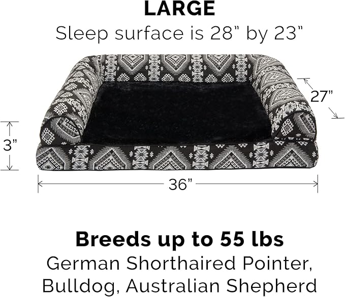 Furhaven Orthopedic Dog Bed for Large/Medium Dogs w/ Removable Bolsters & Washable Cover, For Dogs Up to 55 lbs - Plush & Southwest Kilim Woven Decor Sofa - Black Medallion, Large-PawvioPets