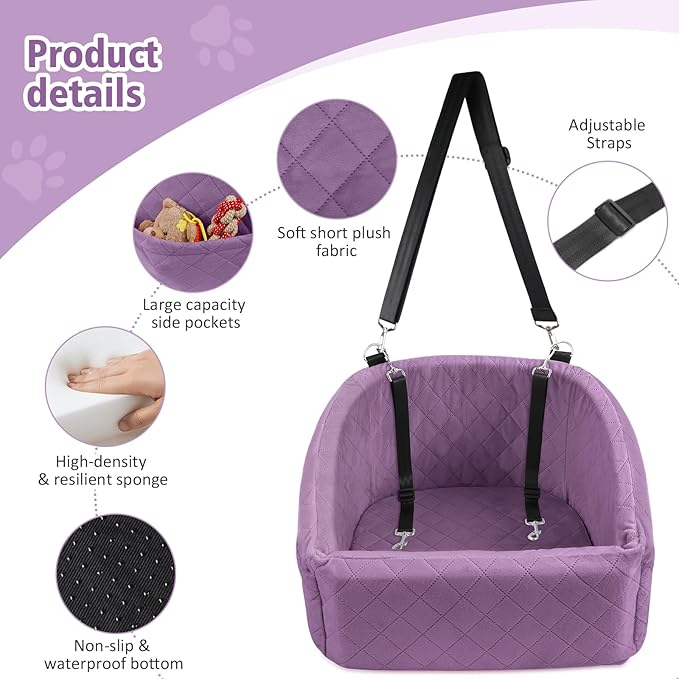 Dog Car Seat for Small Medium Dogs,Detachable Washable Dog Booster Seat Under 30lbs, Pet Car Seats Travel Bed with Storage Pockets and Safety Belt (Purple)-PawvioPets