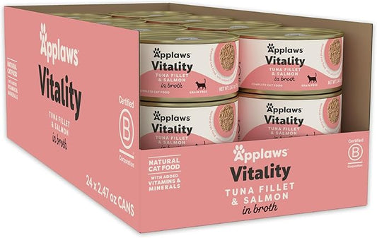Applaws Vitality Wet Cat Food in Broth, Natural Canned Cat Food, Wet Food for Cats with Added Vitamins and Minerals, Grain and Carrageenan Free, Tuna Fillet & Salmon in Broth (24 Count, 2.47 oz Cans)-PawvioPets