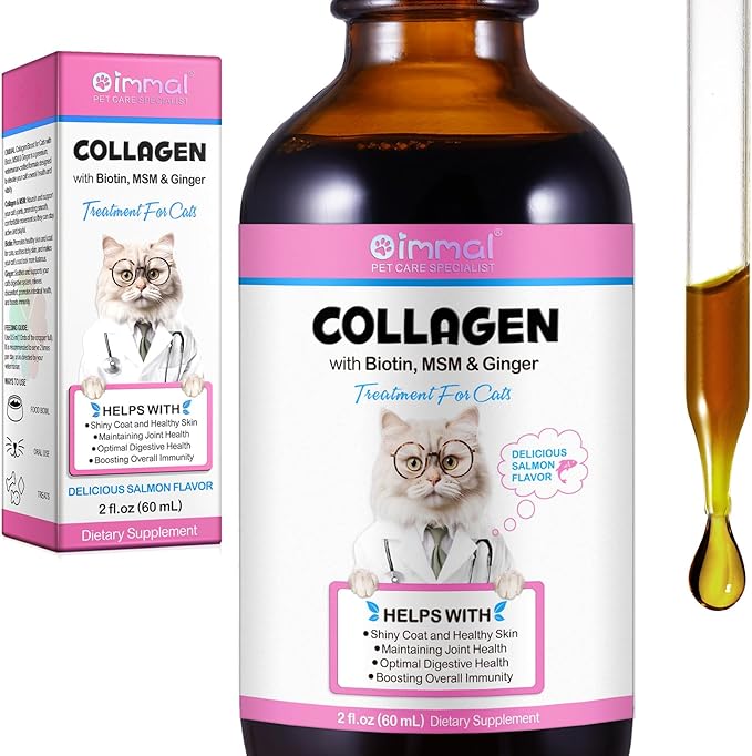 Collagen for Cats, Daily Liquid Collagen Drops for Cats with Allergies, Biotin, Vitamin C and Hyaluronic Acid, Improves Mobility Skin and Coat Health, Itch Relief for Cat, Salmon Flavor, 60ML-PawvioPets
