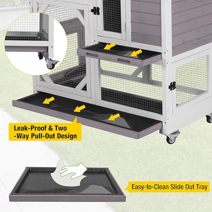 AIVITUVIN 2-Story Rabbit Hutch Indoor for 2-4 Rabbits & Guinea Pigs Wooden Small Animal Cage Guinea with Chew-Proof Design & Slide-Out Trays Bunny Cage with Lockable Wheels-PawvioPets