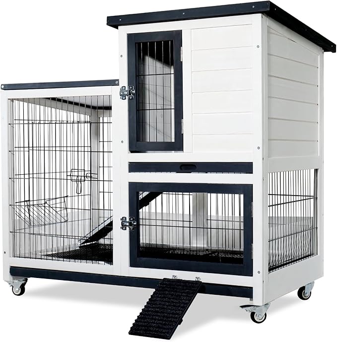 Bunny Hutch Indoor Rabbit Cage Outdoor 2-Story Rabbit House with Urine Guards and 2 Removable Tray for Small Animals-PawvioPets