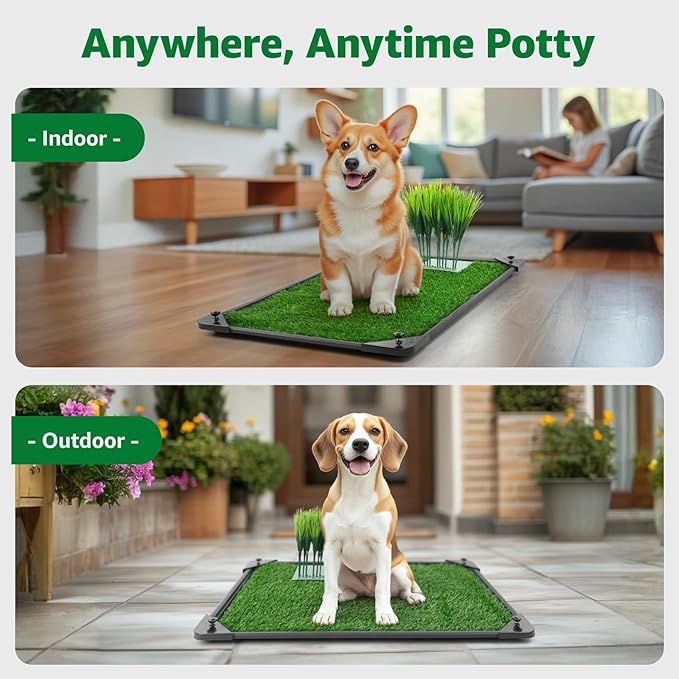 Dog Grass Pad with Tray - 35''x23'' Dog Litter Box Indoor Outdoor Full Potty System, Artificial Grass Patch Mat and Washable Pee Pad for Puppy Training - Pet Toilet for Balcony Patio-PawvioPets